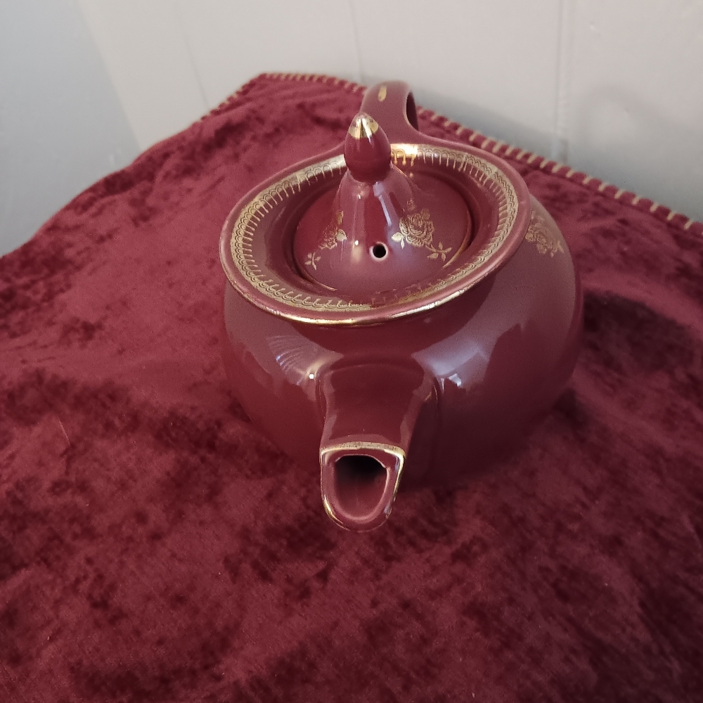 Vintage Hall Maroon W Gold Roses Windsheild Teapot